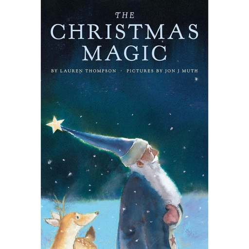 Book cover of 'The Christmas Magic' with a Santa Claus figure and deer against a night sky.