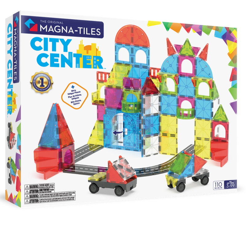 Magna-Tiles City Center toy set packaging with colorful building blocks and cars on a white background.
