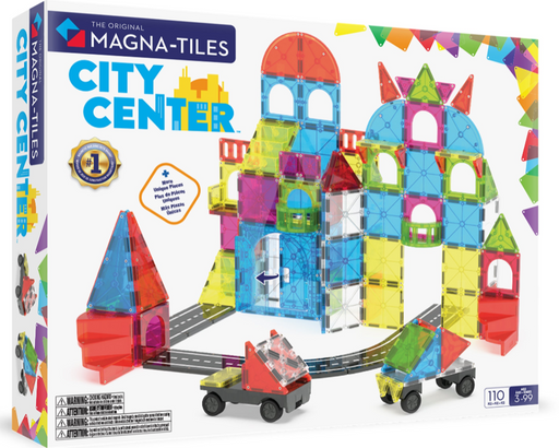 Magna-Tiles City Center toy set packaging with colorful building blocks and cars on a white background.