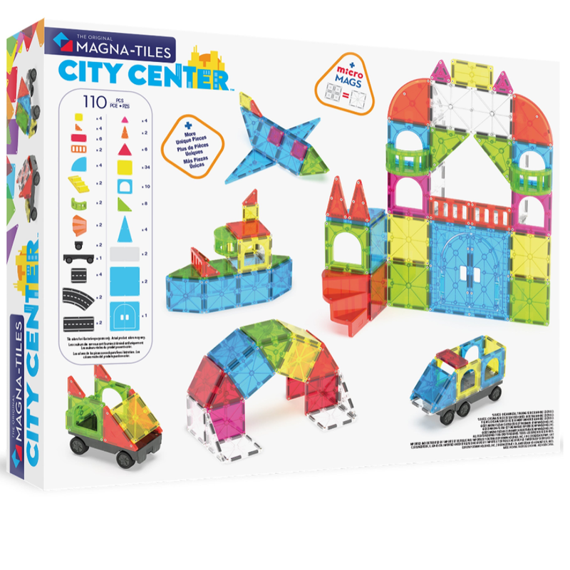 Magna-Tiles City Center toy set packaging with colorful building blocks and vehicles on a white background.