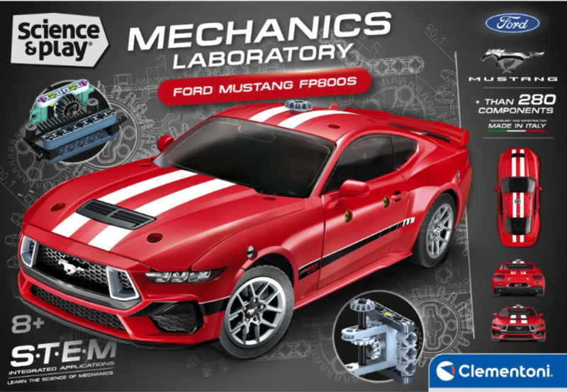 Clementoni Science & Play Mechanics Laboratory Ford Mustang FP800S toy set packaging, featuring a red model car with white racing stripes on a dark gray background with technical diagrams.