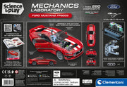 Back packaging of the Science & Play Mechanics Laboratory Ford Mustang F8B00S toy set by Clementoni, featuring a red car model, engine diagram, and product details on a dark gray background.