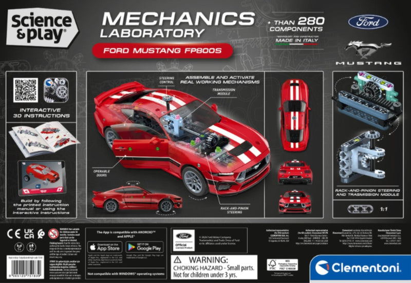 Back packaging of the Science & Play Mechanics Laboratory Ford Mustang F8B00S toy set by Clementoni, featuring a red car model, engine diagram, and product details on a dark gray background.