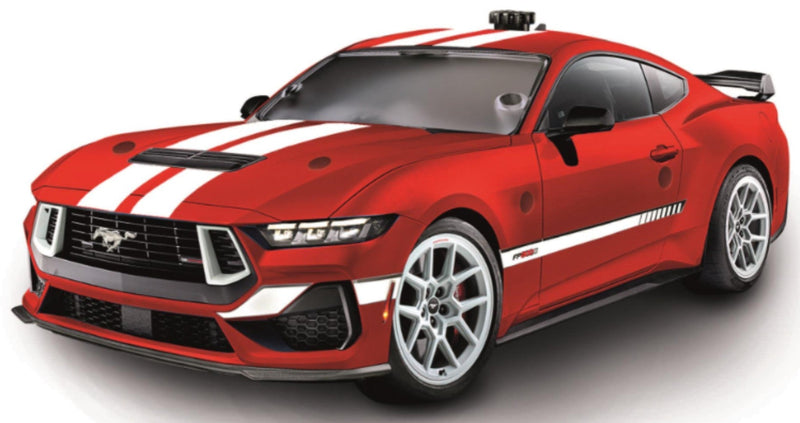 A red Ford Mustang sports car with two bold white racing stripes running along the hood and roof, shown from a three-quarters front angle on a white background.