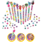 A set of colorful beaded letter-writing pencils with cartoon character tops, shown on a white background with scattered matching letter beads and three circular inset photos demonstrating use.