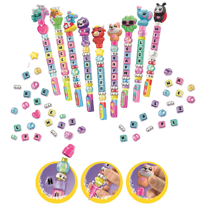A set of colorful beaded letter-writing pencils with cartoon character tops, shown on a white background with scattered matching letter beads and three circular inset photos demonstrating use.
