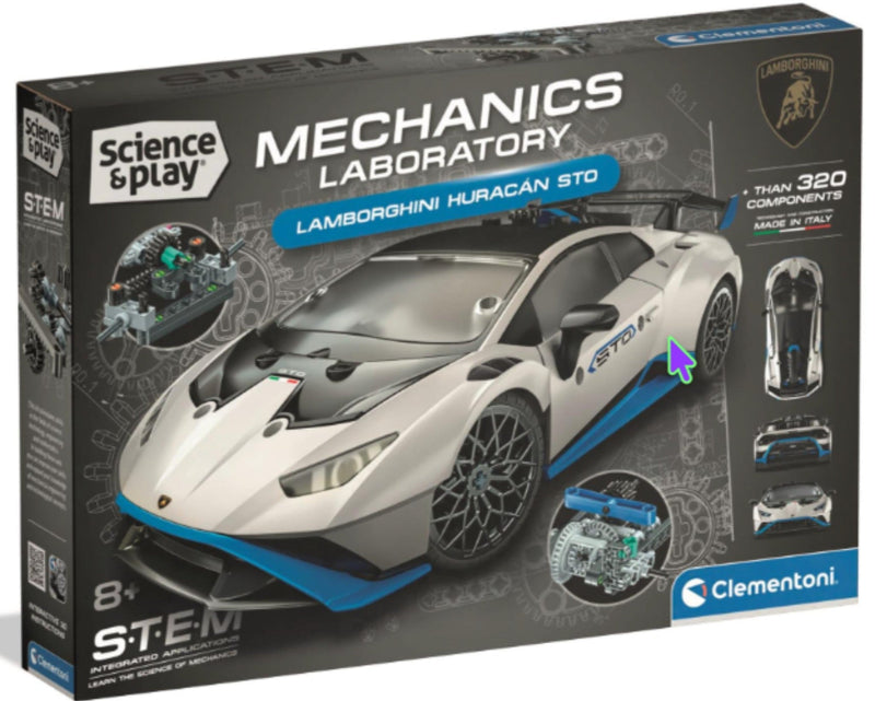 Clementoni Science & Play Mechanics Laboratory Lamborghini Huracan STO toy building kit in its retail packaging, featuring a white and blue model car on a dark gray box with technical illustrations.