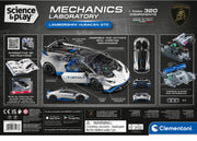 Back packaging of the Clementoni Science & Play Mechanics Laboratory Lamborghini Huracán STD toy set, showing product features, instructions, and assembly diagrams on a dark gray background.