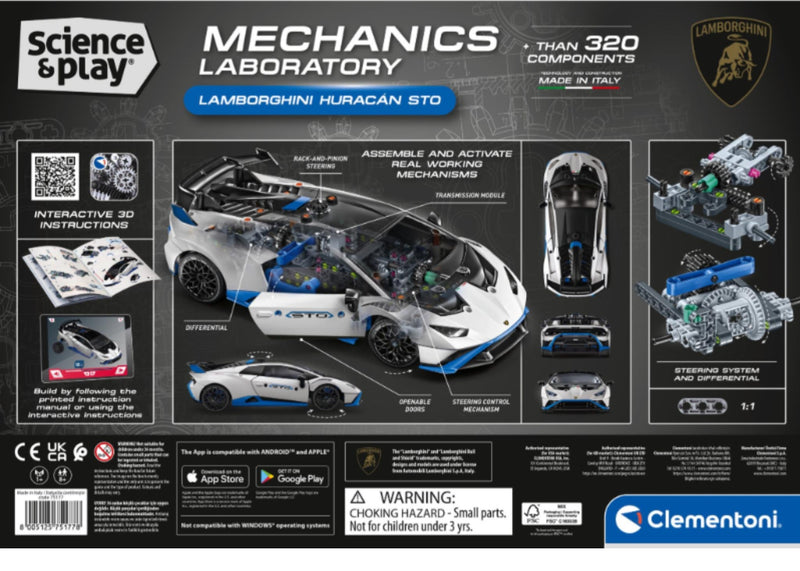Back packaging of the Clementoni Science & Play Mechanics Laboratory Lamborghini Huracán STD toy set, showing product features, instructions, and assembly diagrams on a dark gray background.