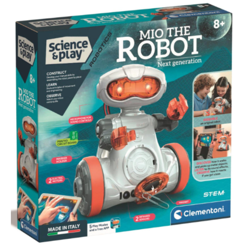 Clementoni Science & Play Robotics Mio the Robot toy kit in its retail packaging, featuring a silver and orange robot illustration on a teal box.