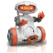 A small white and gray toy robot with translucent orange wheels, arms, and visor details, shown on a clean white background with a faint reflection below.