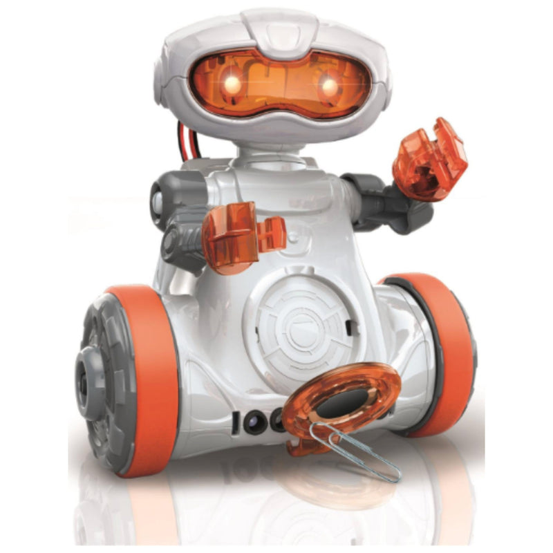 A small white and gray toy robot with translucent orange wheels, arms, and visor details, shown on a clean white background with a faint reflection below.