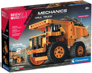 Clementoni Science Museum Build Mechanics Haul Truck toy set in its retail packaging, featuring a large orange and black construction truck illustration on a dark box with product details and age 8+ marking.