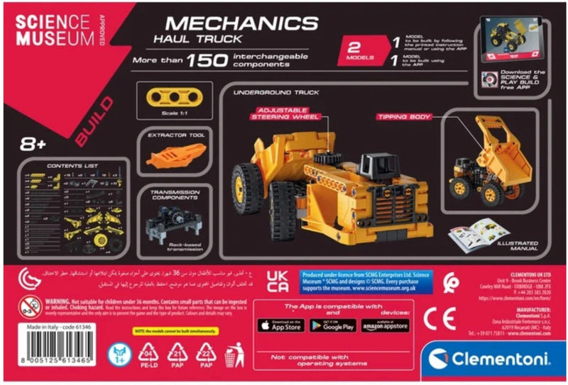 The back of the Clementoni Science Museum Build Mechanics Haul Truck toy box, showing product contents, instructions, and compatibility logos on a black, red, and white background.