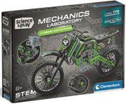 Clementoni Science & Play Mechanics Laboratory Xtreme Motocross STEM toy set in its retail packaging, featuring a green and black motocross bike model and component illustrations on a dark gray box.