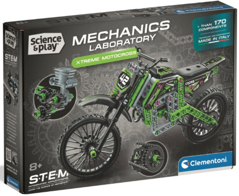 Clementoni Science & Play Mechanics Laboratory Xtreme Motocross STEM toy set in its retail packaging, featuring a green and black motocross bike model and component illustrations on a dark gray box.