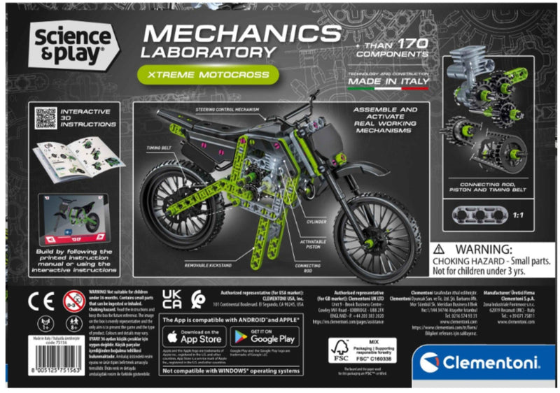 Back packaging panel for Clementoni Science & Play Mechanics Laboratory Xtreme Motocross toy, showing a assembled green and black motocross bike model, feature callouts, app store logos, and safety information on a dark background.