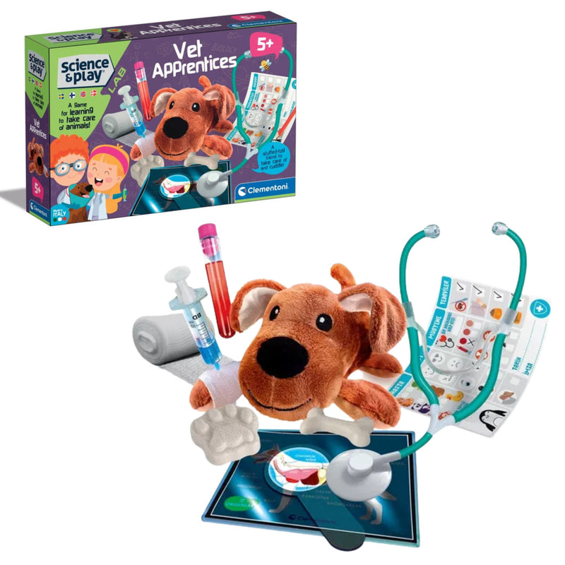 ClemensKidi 'Science & Play' Vet Apprentices toy set featuring a brown plush dog dressed as a vet, a teal stethoscope, a syringe, a test tube, a bandage roll, and a tablet, shown alongside its colorful retail packaging box on a white background.