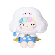 White cloud-themed plush toy with rainbow hair and blue outfit with white clouds
