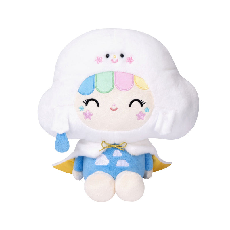 White cloud-themed plush toy with rainbow hair and blue outfit with white clouds