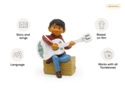 Tonie Disney Coco figurine of Miguel with guitar sitting on hay bale with feature icons