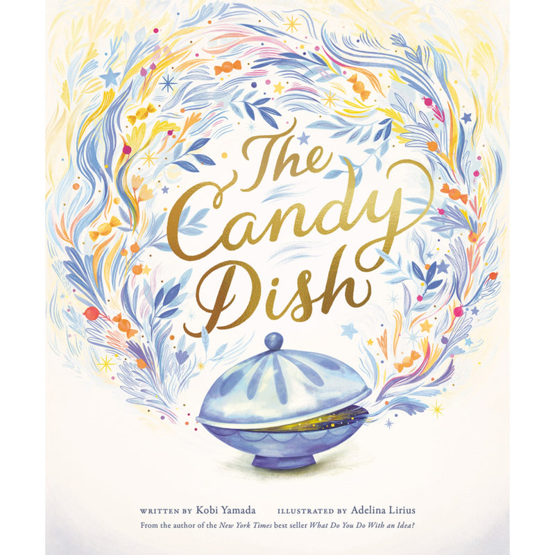 Book cover for 'The Candy Dish' featuring a decorative wreath of blue, yellow, and orange candy-like swirls surrounding the title in gold script, with a blue glass candy dish at the bottom on a white background.
