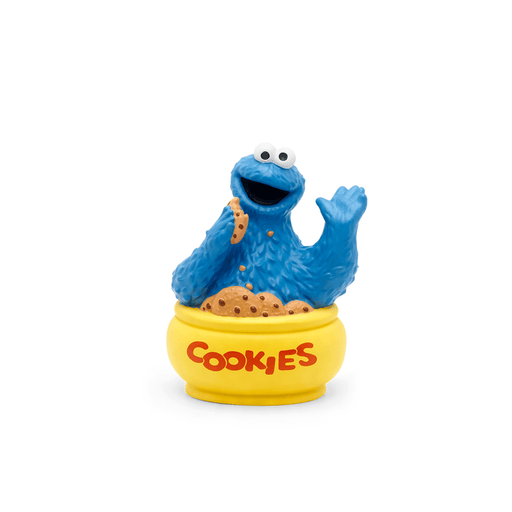 Blue Cookie Monster Tonie figurine sitting on yellow cookie jar base with COOKIES text