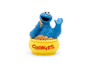 Blue Cookie Monster Tonie figure sitting in yellow cookie jar on white background
