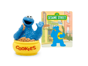 Cookie Monster Tonie figure with yellow cookie jar base and Sesame Street story card