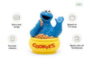 Cookie Monster Tonie figure on yellow base with feature callouts around it