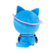 Blue cat-shaped plush toy with pink halo ring and dark blue overalls on white background