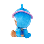 Blue plush toy character with pink visor sitting on white background