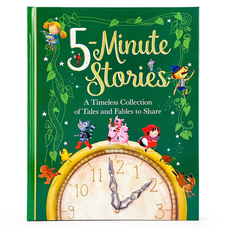 Book titled '5-Minute Stories' with colorful illustrations on a green background.  Subtitle says A Timeless Collection of Tales and Fables to share.