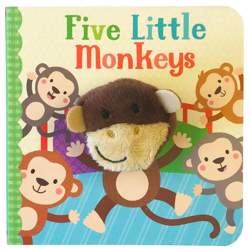 A children's board book titled "Five Little Monkeys" with a plush monkey attached to the front cover, shown against a plain white background.