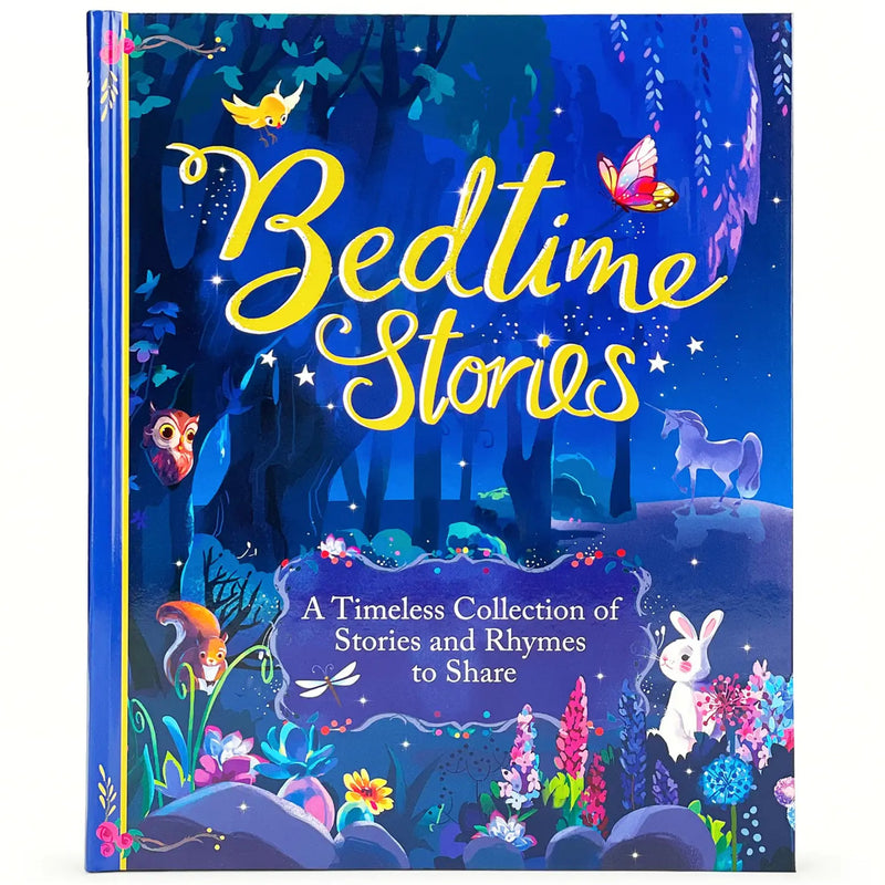 A hardcover children's book titled "Bedtime Stories" with a colorful illustrated forest cover showing a blue night scene, stars, flowers, an owl, a unicorn, and a rabbit.