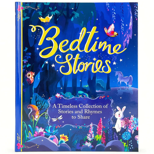 A hardcover children's book titled "Bedtime Stories" with a colorful illustrated forest cover showing a blue night scene, stars, flowers, an owl, a unicorn, and a rabbit.