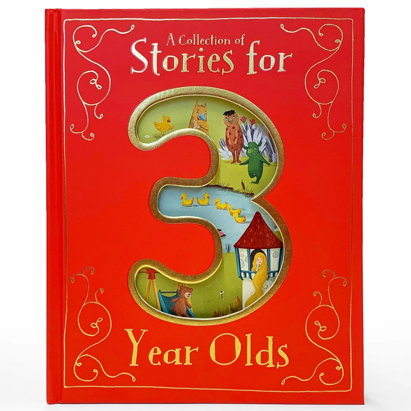 A hardcover children's book with a bright red cover, featuring a large decorative number 3 with colorful illustrated scenes inside, and the text 'A Collection of Stories for 3 Year Olds' in gold and white lettering.