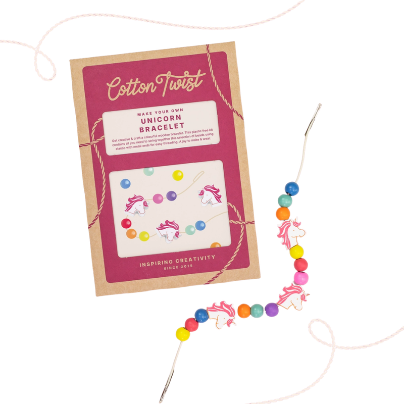 Cotton Twist unicorn bracelet kit with colorful beads and packaging on a white background.