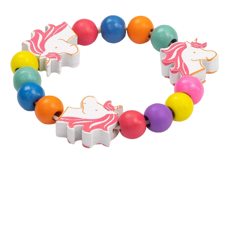 Completed, colorful children's wooden bead bracelet with unicorn charms on a white background.