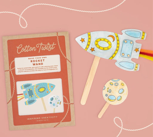 Cotton Twist Make Your Own Rocket Wand craft kit with packaging and assembled rocket components.