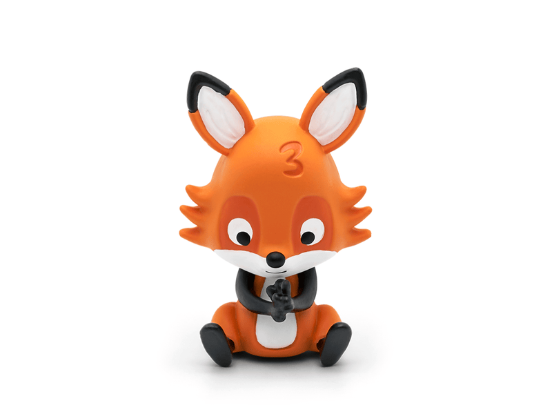 Orange fox Tonie audio character figure with black ears and white belly on white background