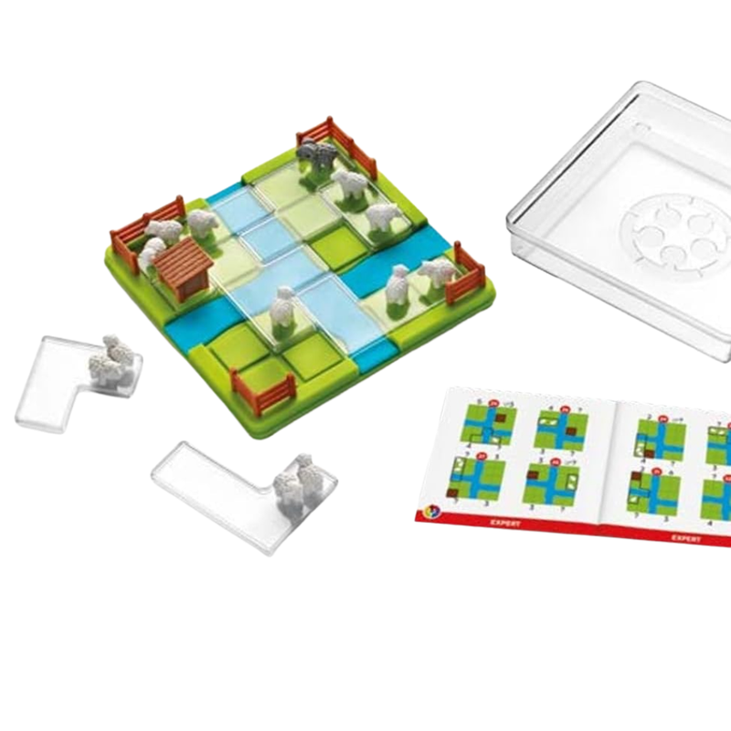 Contents of Counting Sheep game with sheep pieces, a board, and rulebook on a white background.