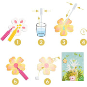 DJECO paper craft instruction guide showing 6 steps to create flower art project