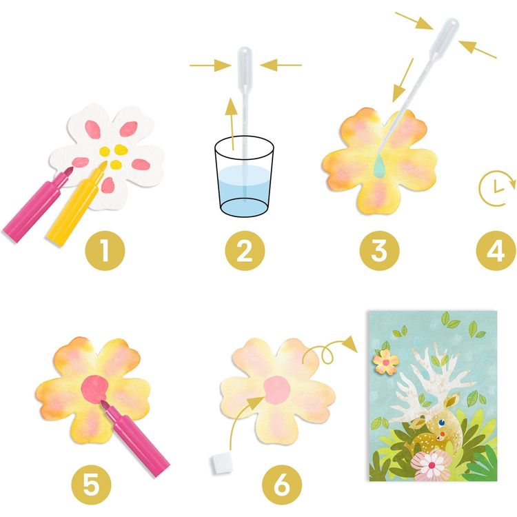 DJECO paper craft instruction guide showing 6 steps to create flower art project
