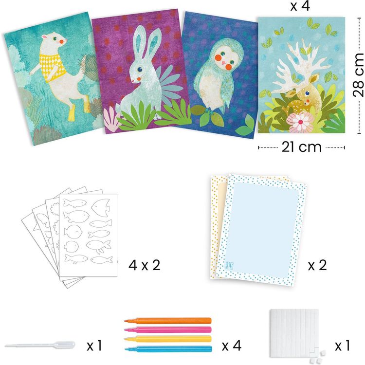 DJECO Create with Paper craft kit showing animal cards, stickers, and supplies with measurements