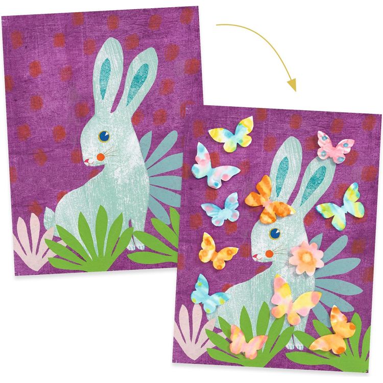 DJECO paper craft kit showing before and after bunny art projects with butterflies