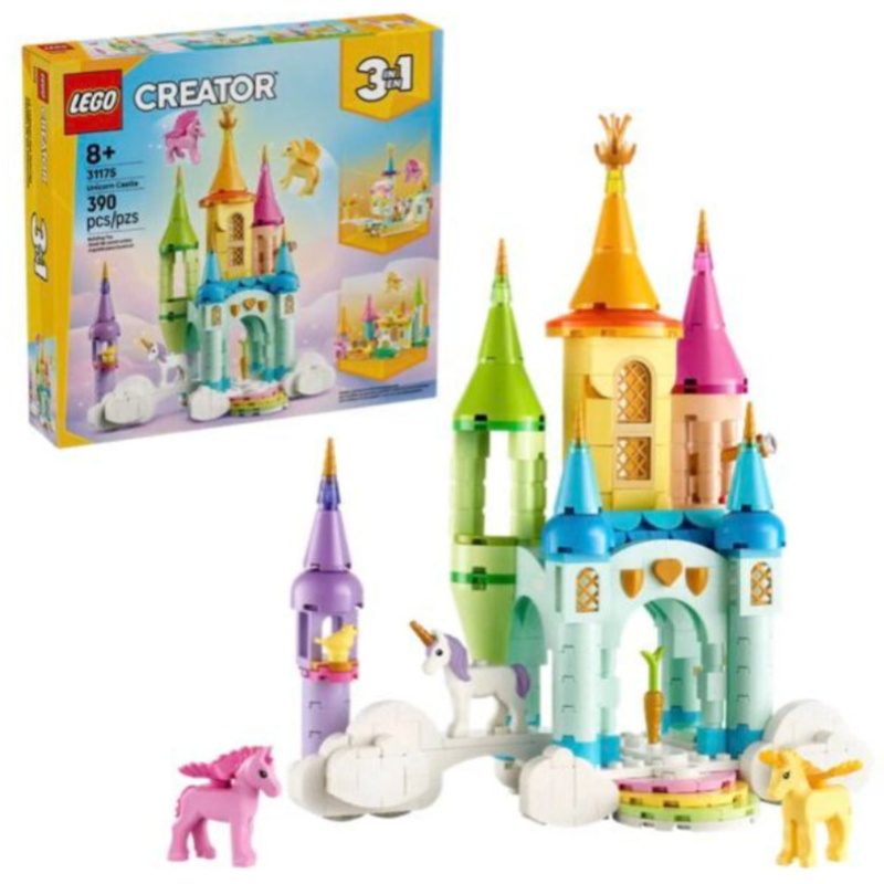 LEGO Creator castle set with colorful towers and unicorn figures, next to its packaging.