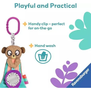 Toy with a clip, suitable for on-the-go use, hand washable, and featuring Ravensburger branding.