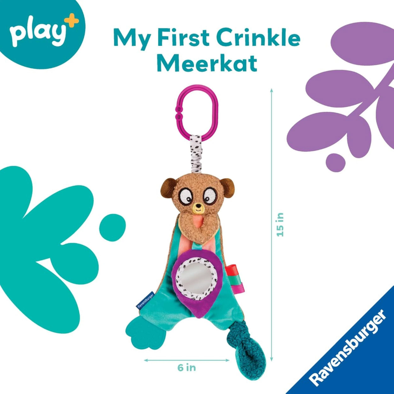 Children's toy from Raensburger with a meerkat design, showing measurements of 15in tall by 6 in wide on a white background.
