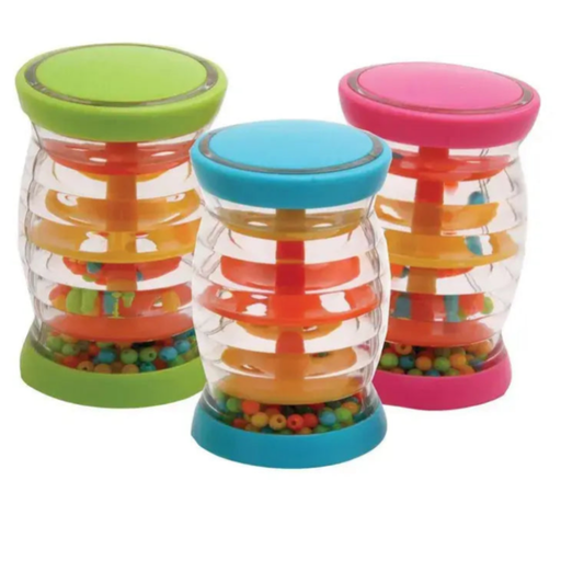 Tube Shaker from Crocodile Creek. Three colorful jar toys with transparent bodies and multicolored beads on a white background.